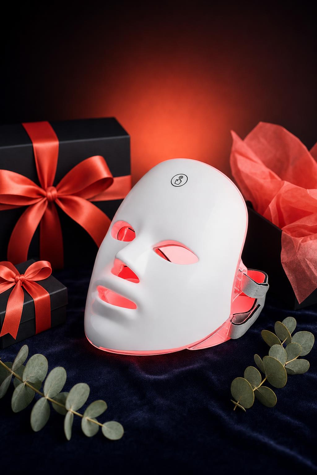 Máscara LED facial blanca encendida en luz roja