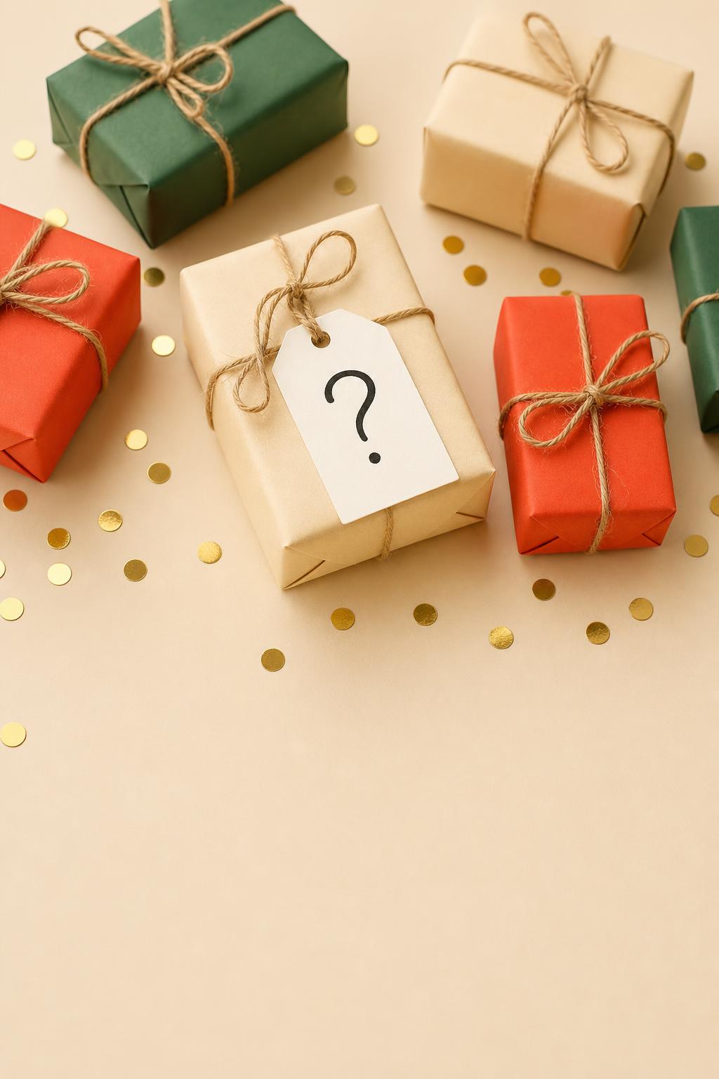 Regalos pequeños envueltos para el amigo invisible con una etiqueta misteriosa