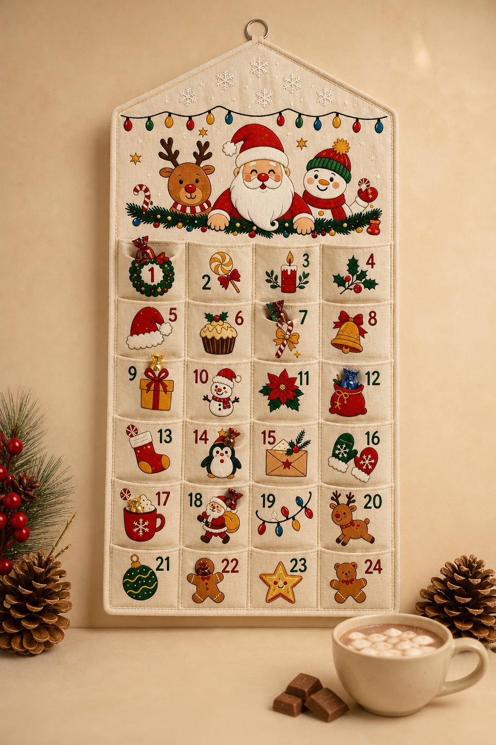 Calendario de adviento de tela con bolsillos para rellenar y chocolate caliente